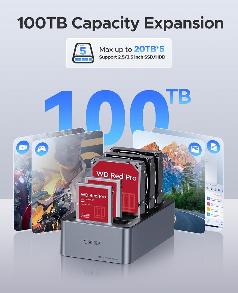 Orico ناسخ محركات الأقراص الصلبة USB C 5 باي / محطة توصيل محركات الأقراص الصلبة الألمنيوم USB 3.2 الجيل 1 لـ 2.5''/3.5'' SSD HDD بسعة تصل إلى 20TB-6656C3 - Image 5